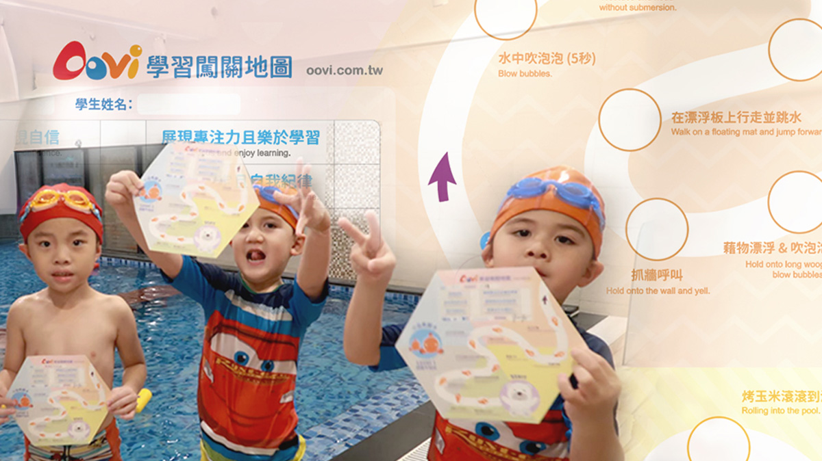 學員開心展示 Oovi 專屬的學習闖關地圖 (Challenge Chart)，透過視覺化的技能里程碑 (Skill Milestones)（如吹泡泡、跳水），讓孩子在闖關遊戲中獲得成就感並具體看見自己的游泳進步。