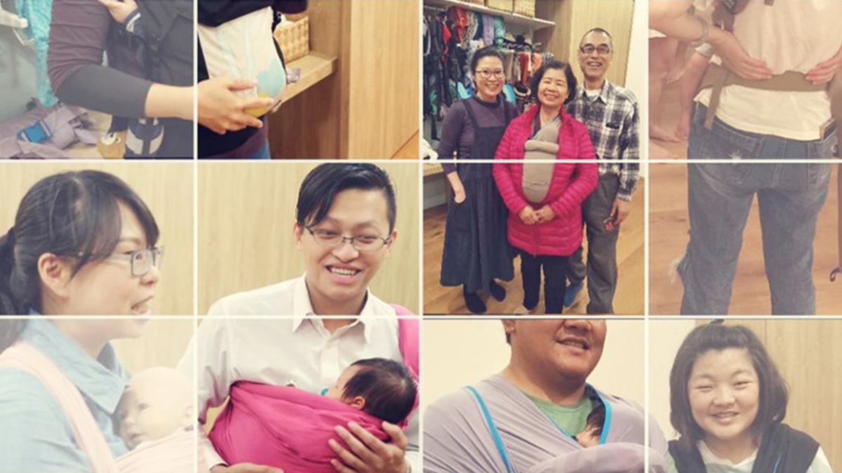 九宮格照片彙整了各類家庭與顧問的互動瞬間。這張照片是強大的社會證明 (Social Proof)，傳達 Oovi 揹巾服務的高滿意度與豐富的實務臨床經驗。