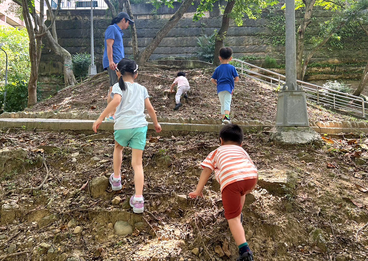 一群孩子在大人看護下於戶外自然坡地進行攀爬練習，透過不同地形的挑戰強化手腳並用能力與冒險精神。